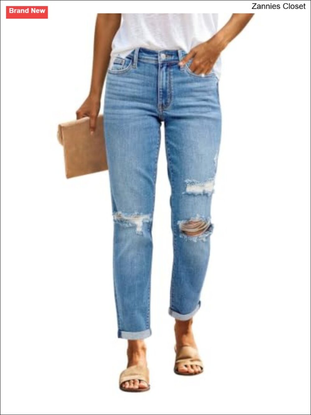 Boyfriend Ripped Mid Waisted Distressed Stretchy Jeans